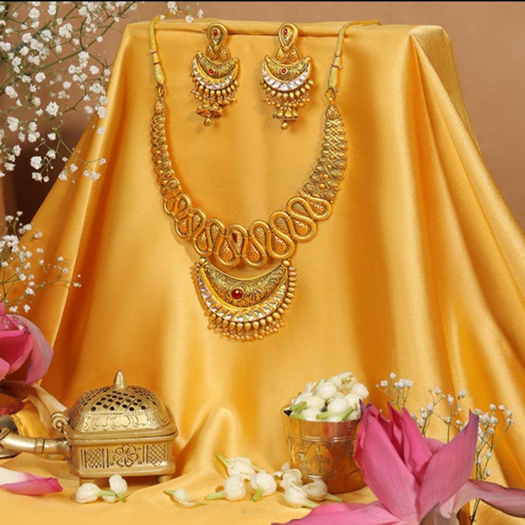 Majestic Gold-Plated Necklace Set with Intricate Crescent Pendant & Earrings